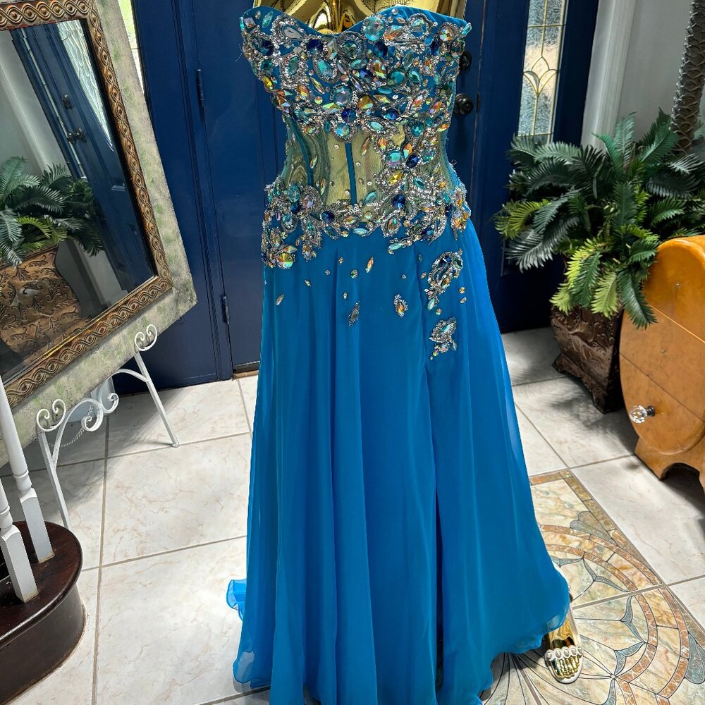 Strapless Turquoise Evening Gown Size 2 Crystal Embellished A-Line Dress